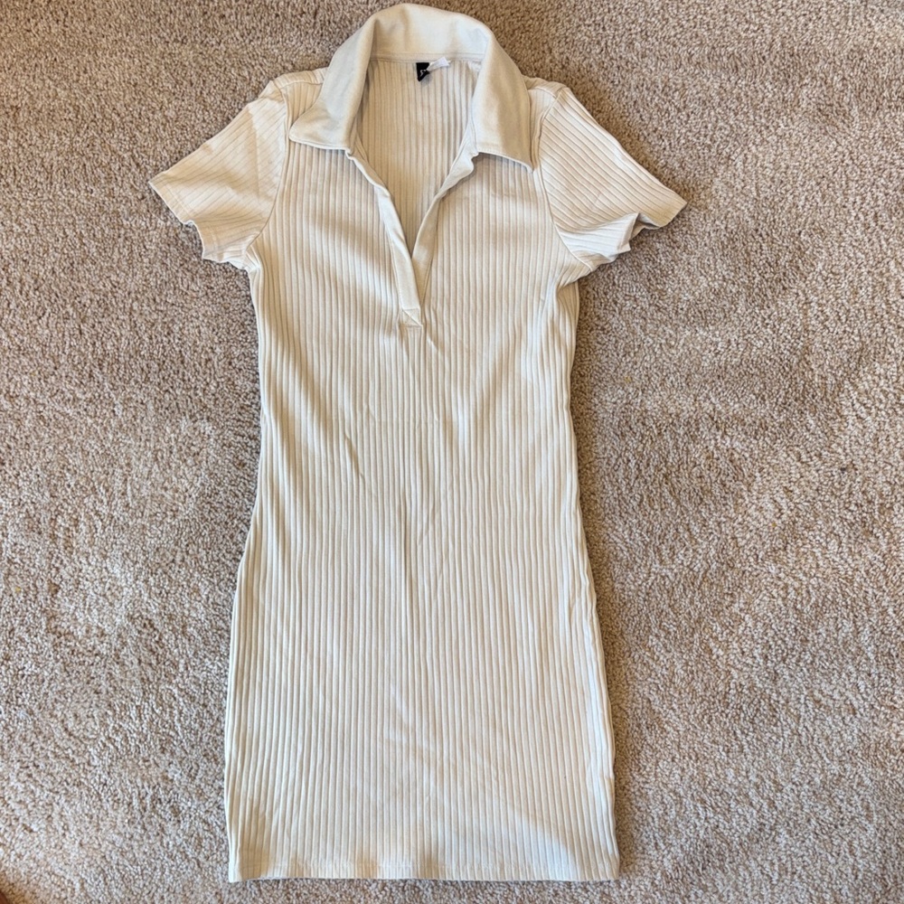 Beige Ribbed Polo Collar Bodycon Dress Women Size M Casual Stretch Mini Dress